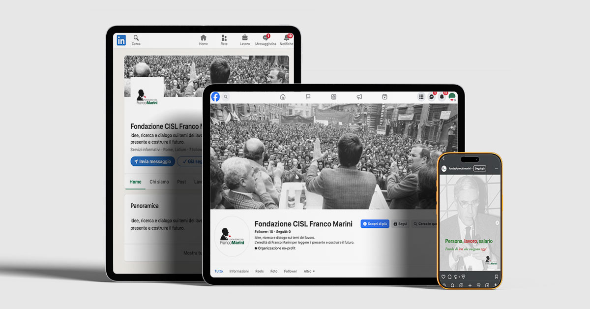 Dettaglio smartphone con pagina social della Fondazione Franco Marini